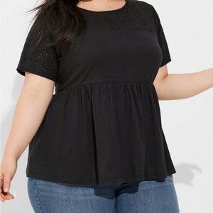 NWT Torrid Vintage Cotton Jersey Crew Neck Eyelet Yoke Babydoll Top black 2X